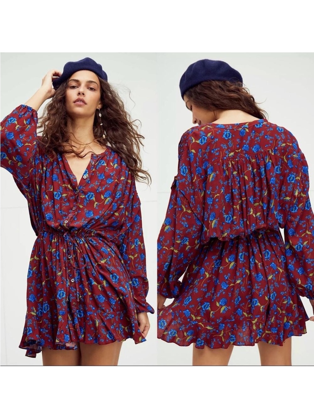 Free People Glower Fields Mini Dress Burgandy/Bold Blue Flowers Size Medium EUC - Picture 2 of 10